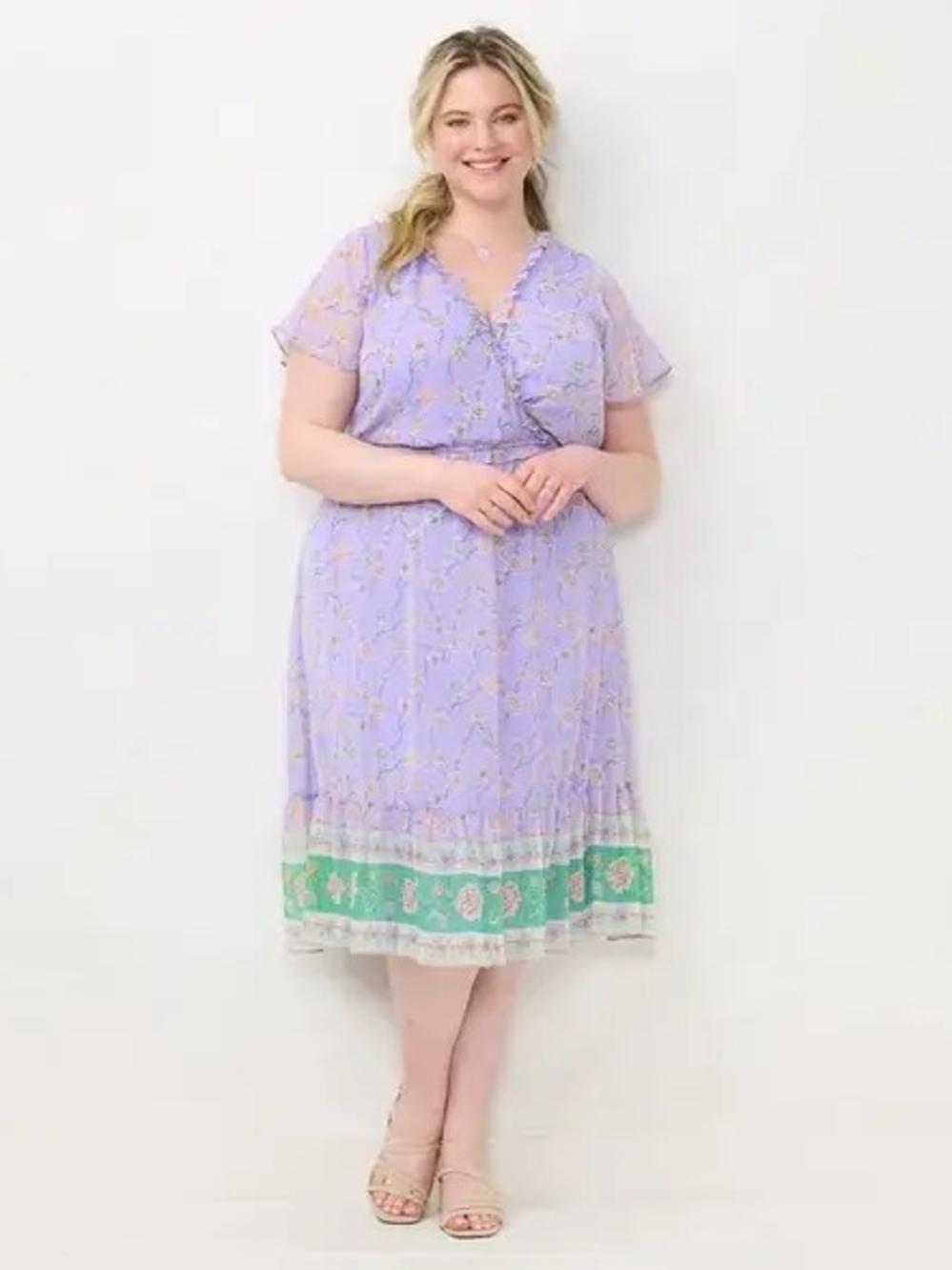 LC Lauren Conrad Lavender Floral Midi Dress with Green Border Trim